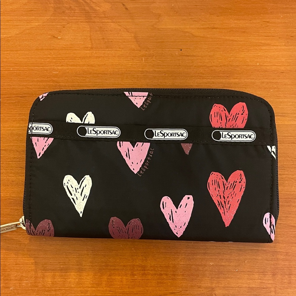LeSportsac Black Wallet with Pink and White Hearts